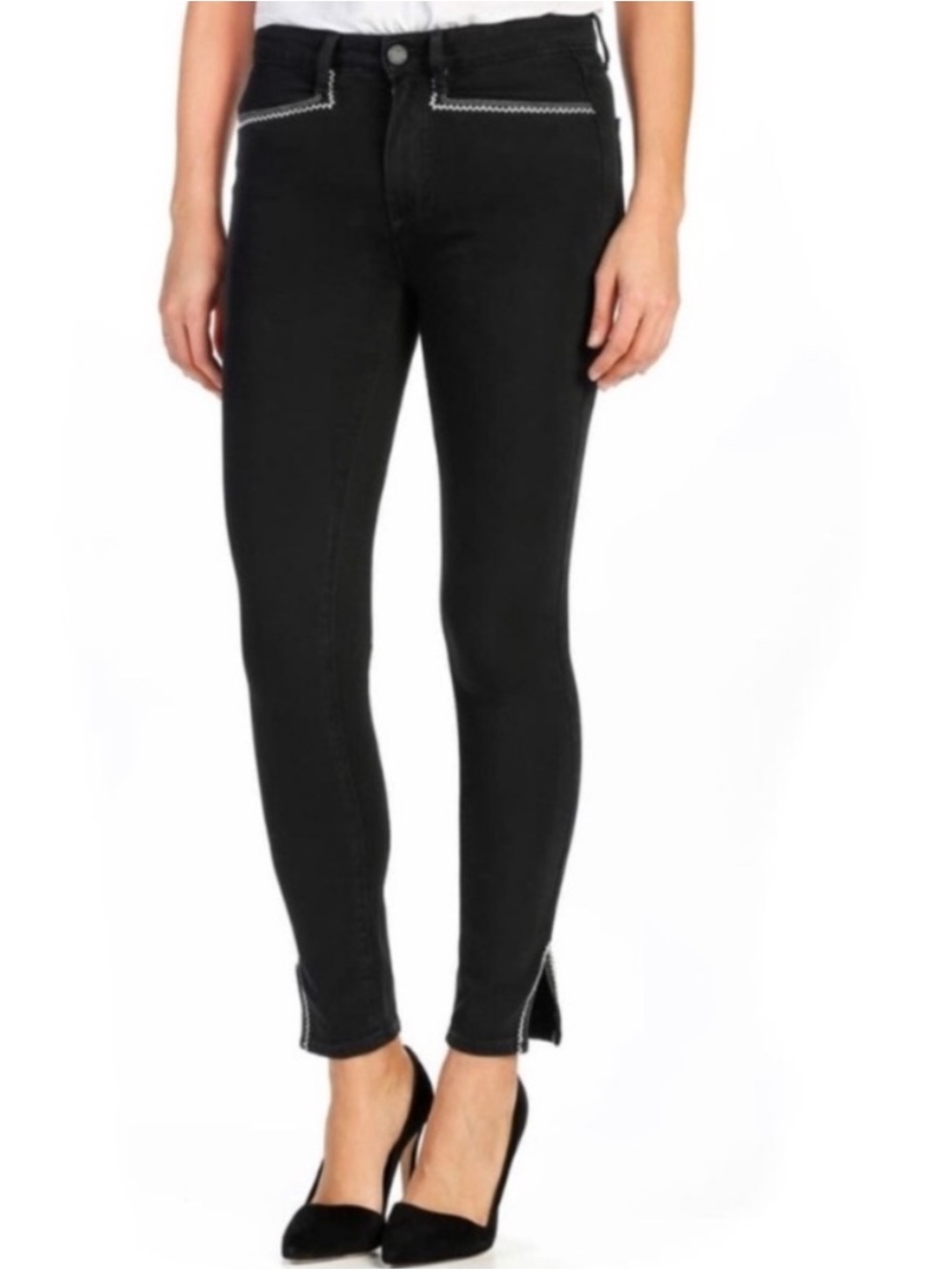 Paige Hunter High Rise Denim Skinny Ankle Jeans Noir Madrid Embroidered